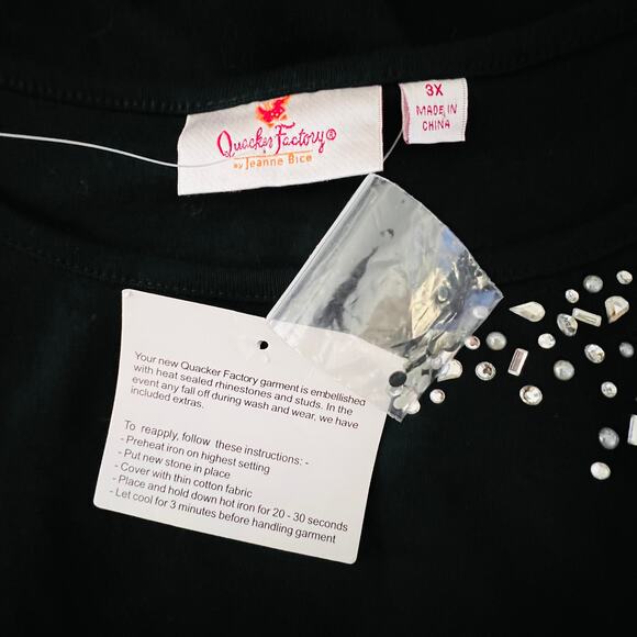 Quacker Factory T-Shirt Top Black Rhinestone 3/4 Sleeve Womens 3X Round Neck NWT - Picture 6 of 8